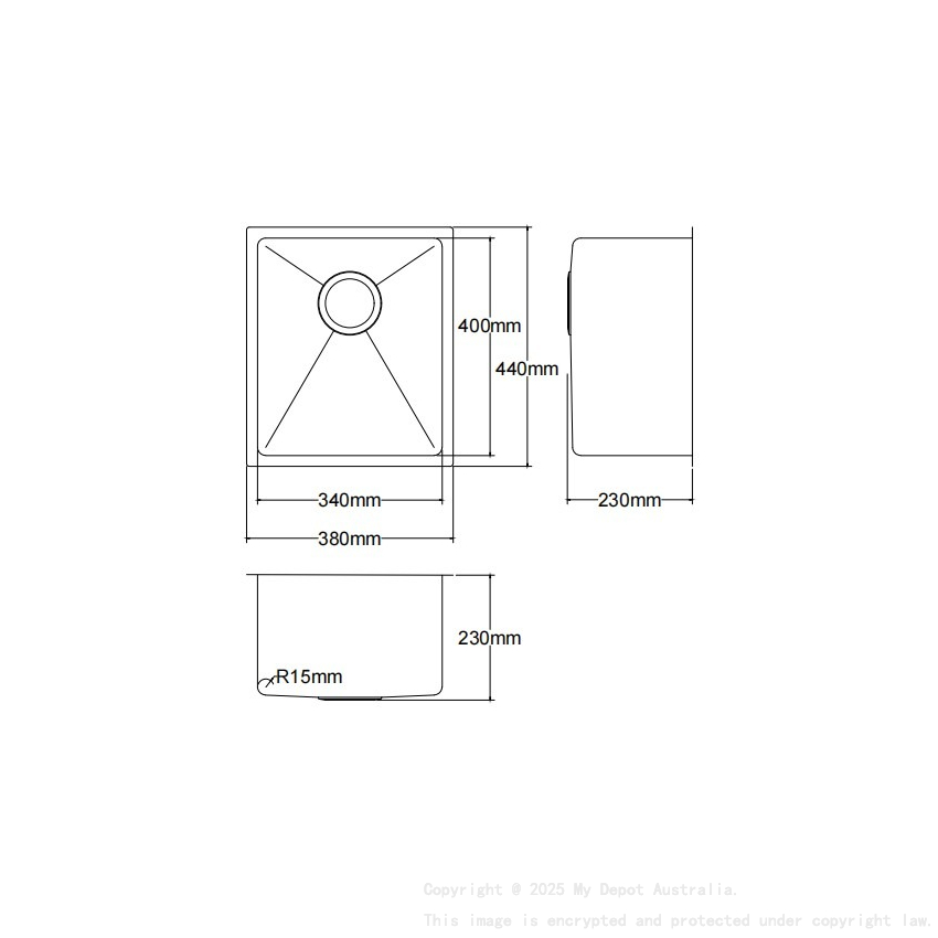 Bowl Size:340X400X230mm Overall Size:380X440X230mm Brushed Stainless Steel Kliff Hand Made Stainless Steel Sinks