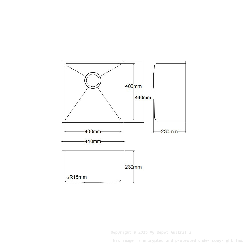 Bowl Size:400X400X230mm Overall Size:440X440X230mm Brushed Stainless Steel Kliff Hand Made Stainless Steel Sinks