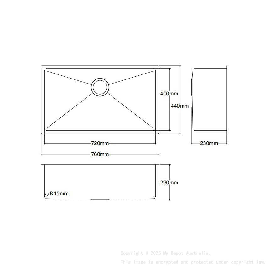 Bowl Size:720X400X230mm Overall Size:760X440X230mm Brushed Stainless Steel Kliff Hand Made Stainless Steel Sinks