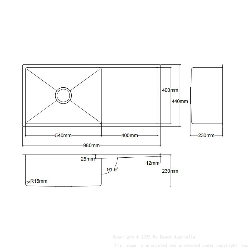 Bowl Size:540X400X230mm Overall Size:980X440X230mm Brushed Staineless Steel Kliff Hand Made Stainless Steel Sinks