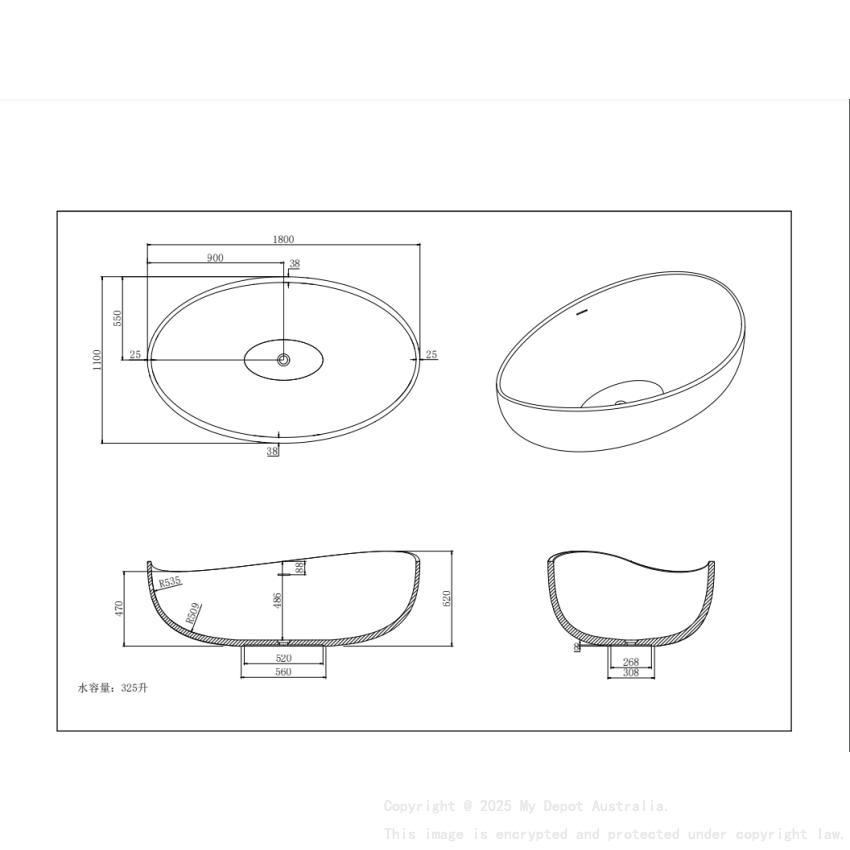 1800X1100X620mm Matt White Waverton Soild Surface Bath Integrated Overflow 40mm Waste And Pipe Included