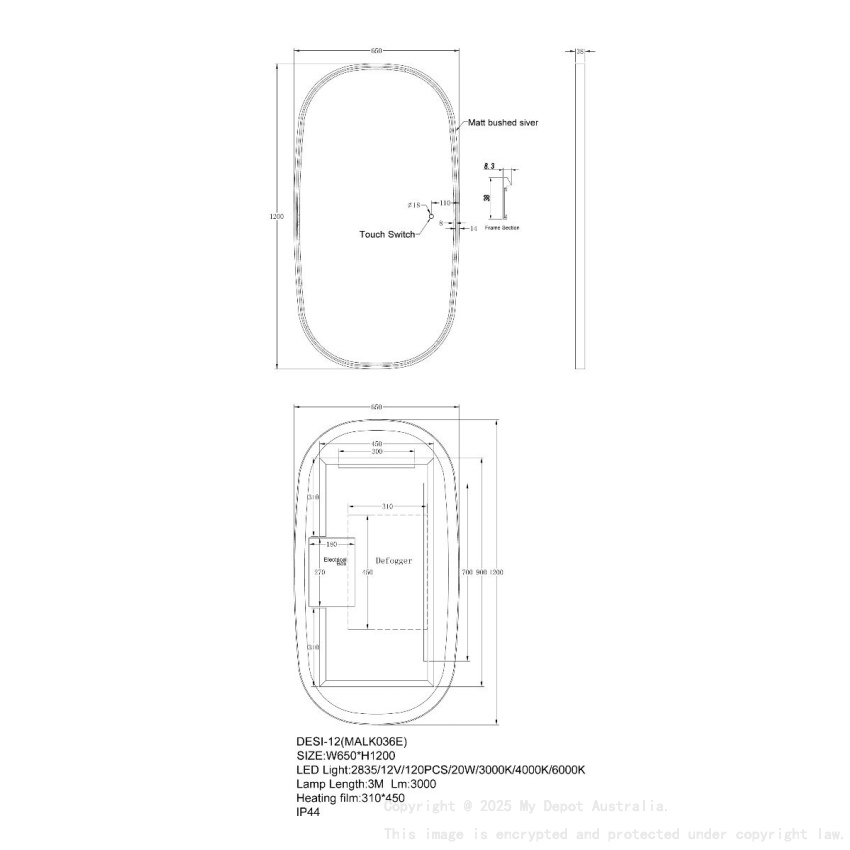 1200x650mm Dressing Led Mirror With Mirror Touch Switch