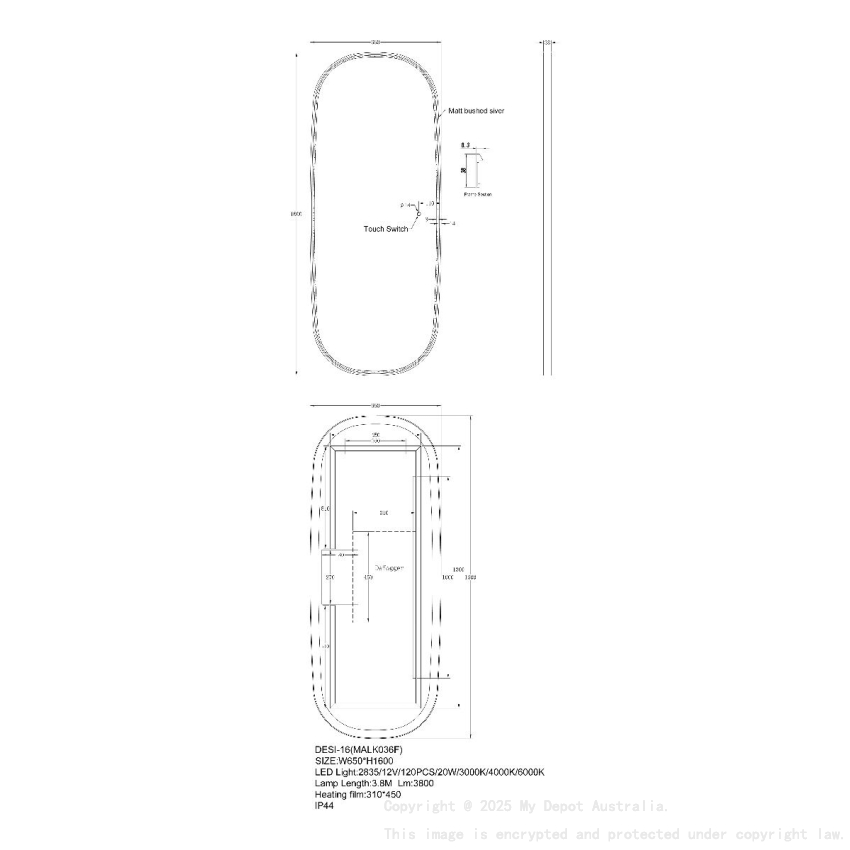 1600x650mm Dressing Led Mirror With Mirror Touch Switch
