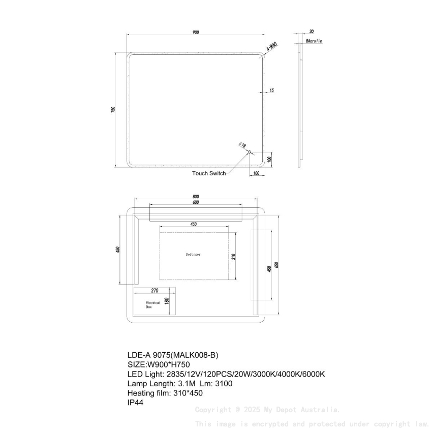 900*750mm Curved Rim Rectangle 3 Color Lighting Acrylic LED Mirror Touch Sensor Switch Wall Mounted Vertical or Horizontal