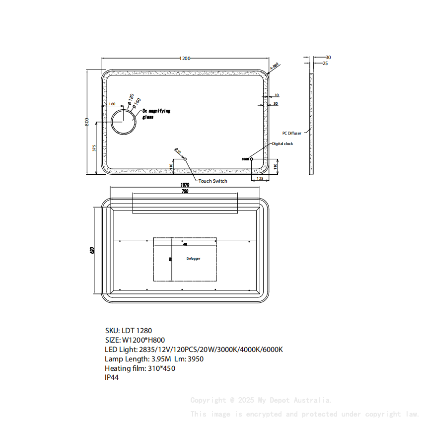 1200*800mm Curved Rim Rectangle 3 Color Lighting Backlit Acrylic LED Mirror Magnifier Touch Sensor Switch Defogger Pad Wall Mounted Digital Clock with Temperature