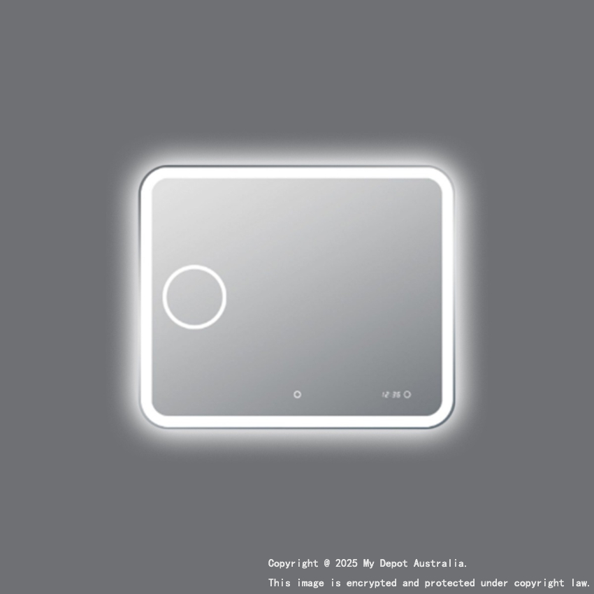 900*750mm Curved Rim Rectangle 3 Color Lighting Backlit Acrylic LED Mirror Magnifier Touch Sensor Switch Defogger Pad Wall Mounted Digital Clock with Temperature