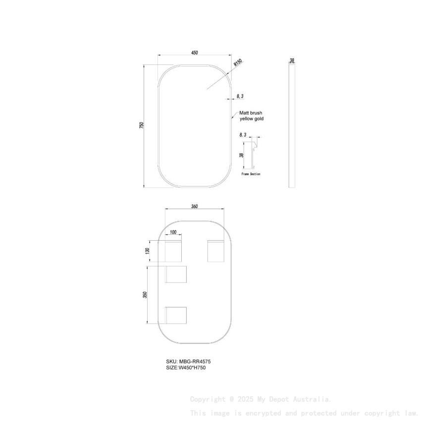 450*750mm Brushed Gold Rounded Rectangular Framed Mirror