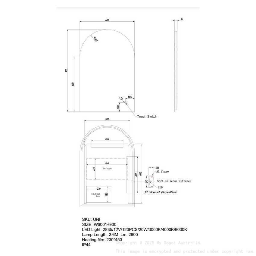 600*900mm Arch 3 Color Lighting Backlit LED Mirror with Touch Sensor Switch