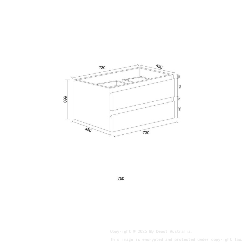 750*460*550mm Wall Hung Rock Cemento Woodgrain Vanity Two Drawer Cabinet Only