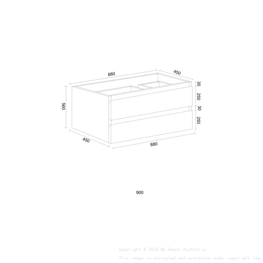 900*460*550mm Wall Hung Canyon Oak Woodgrain Vanity Two Drawer Cabinet Only