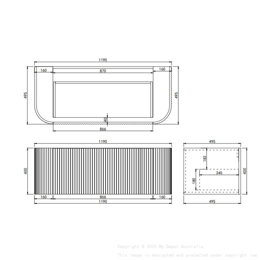 1190X455X470mm Matte Black Agena Modern Fluted Wall Hung Vanity PVC Cabinet
