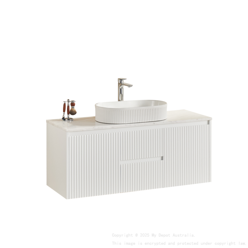 1190X455X480mm Matte White Crete Modern Fluted Wall Hung Vanity PVC Cabinet Center Drawer