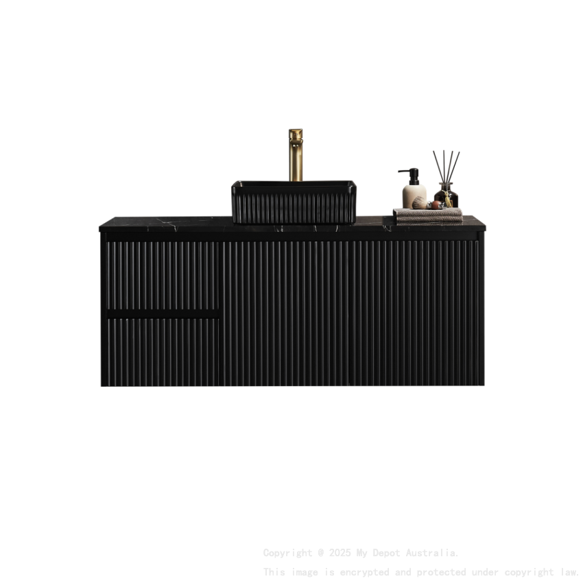 890x455x480mm Matte Black Crete Modern Fluted Wall Hung Vanity PVC Cabinet Left Hand Drawers
