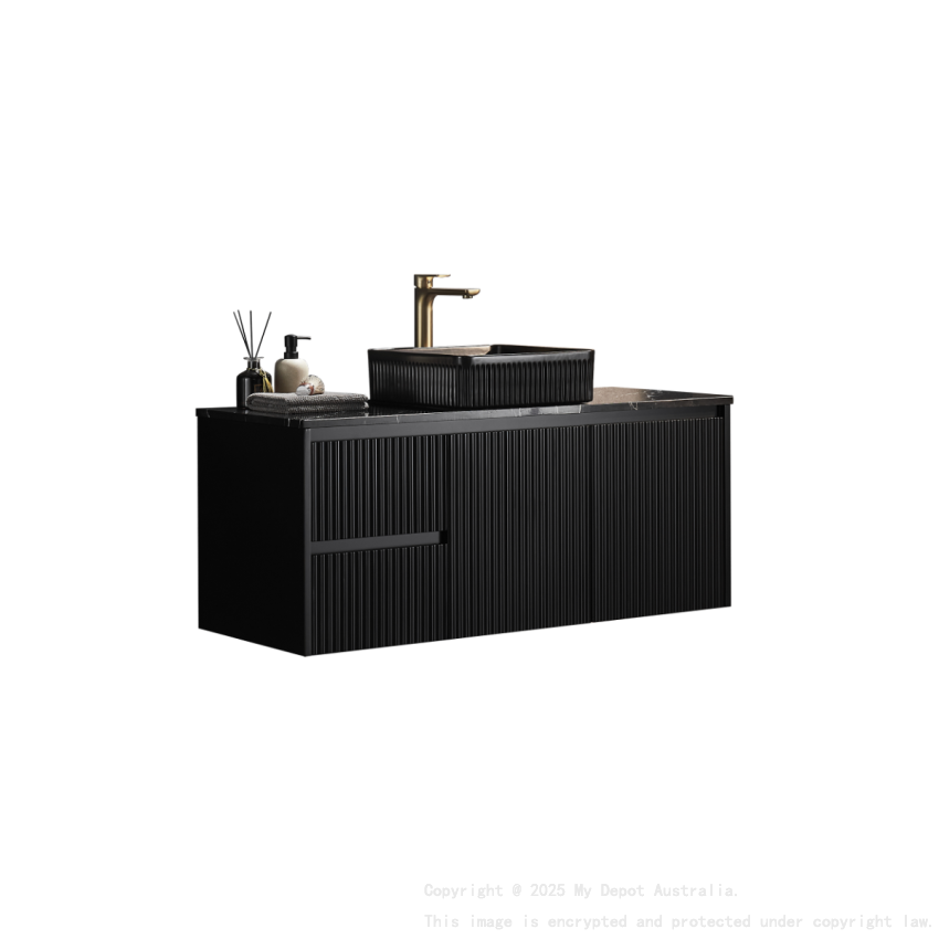 890x455x480mm Matte Black Crete Modern Fluted Wall Hung Vanity PVC Cabinet Left Hand Drawers
