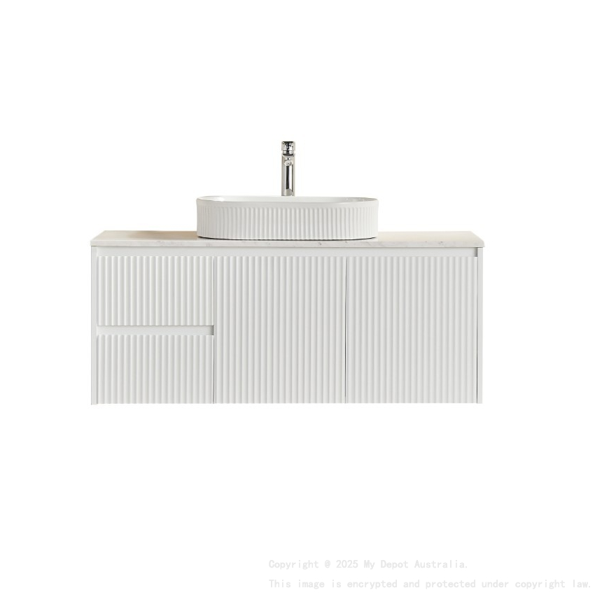 1190X455X480mm Matte White Crete Modern Fluted Wall Hung Vanity PVC Cabinet Left Hand Drawers