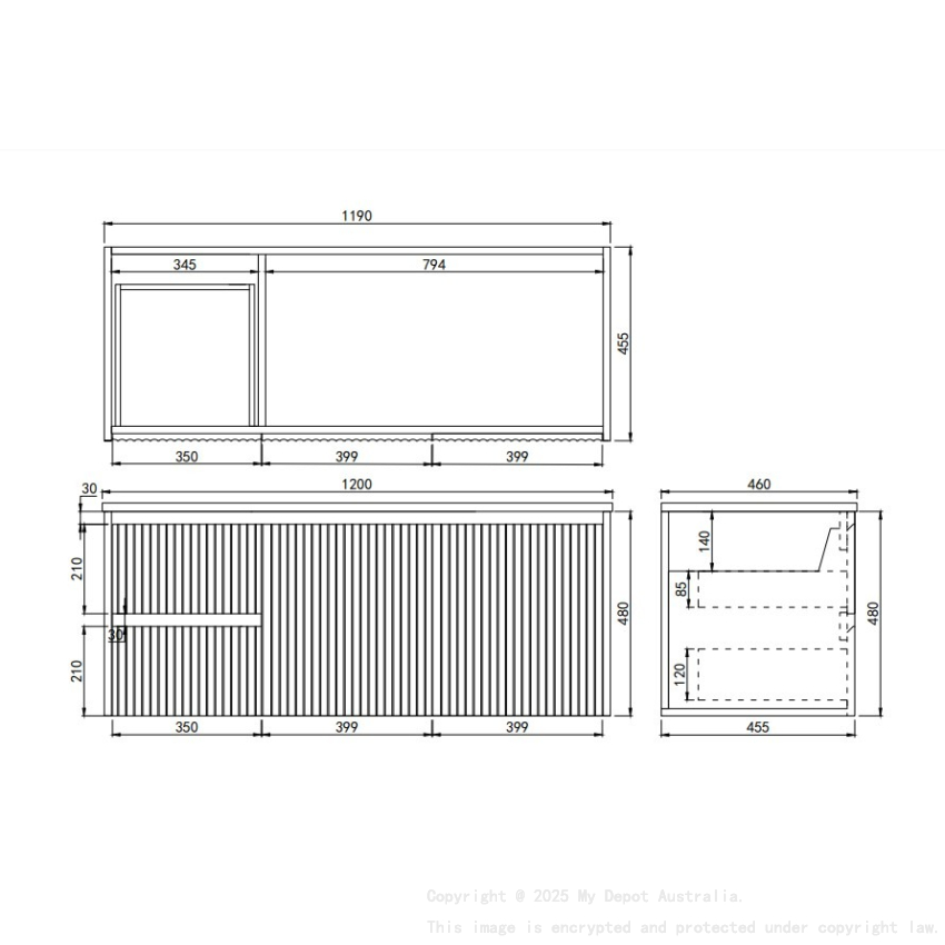 1190X455X480mm Matte Black Crete Modern Fluted Wall Hung Vanity PVC Cabinet Left Hand Drawers