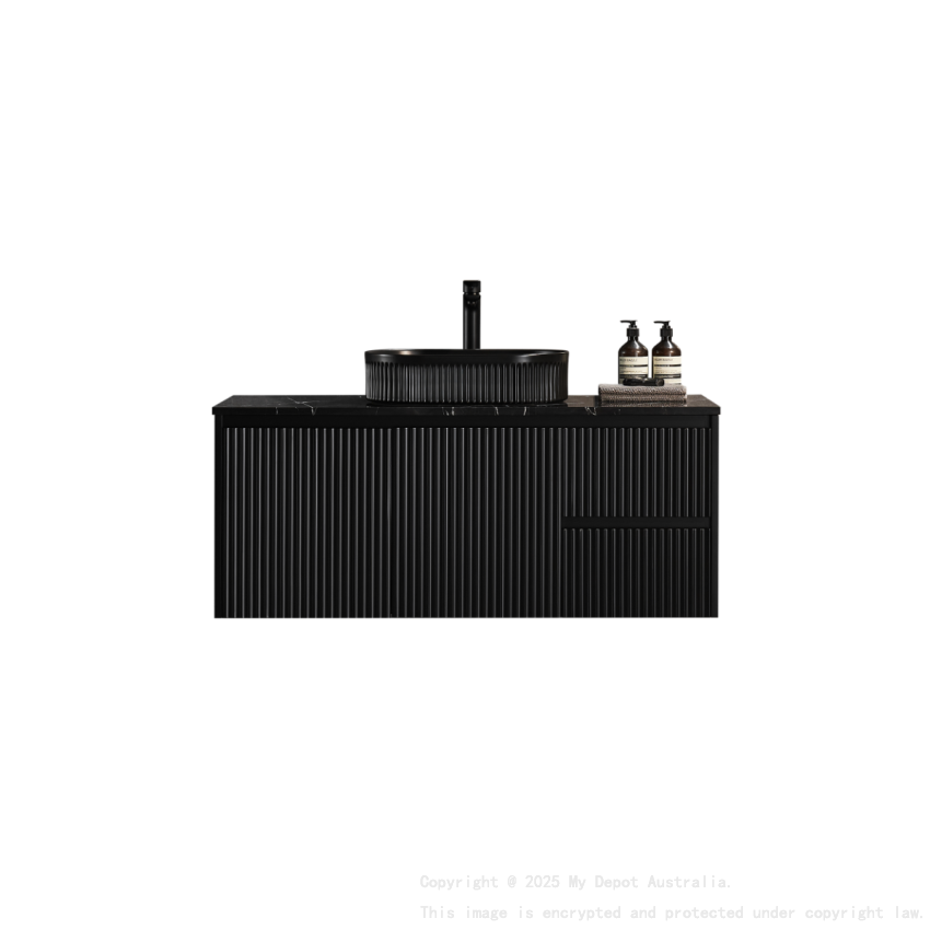 1190X455X480mm Matte Black Crete Modern Fluted Wall Hung Vanity PVC Cabinet Right Hand Drawers
