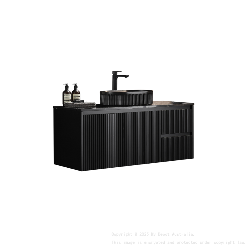 1190X455X480mm Matte Black Crete Modern Fluted Wall Hung Vanity PVC Cabinet Right Hand Drawers