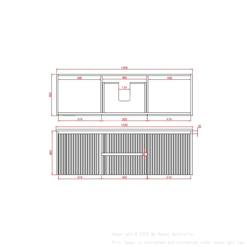 1490X455X480mm Matte Black Crete Modern Fluted Wall Hung Vanity PVC Cabinet
