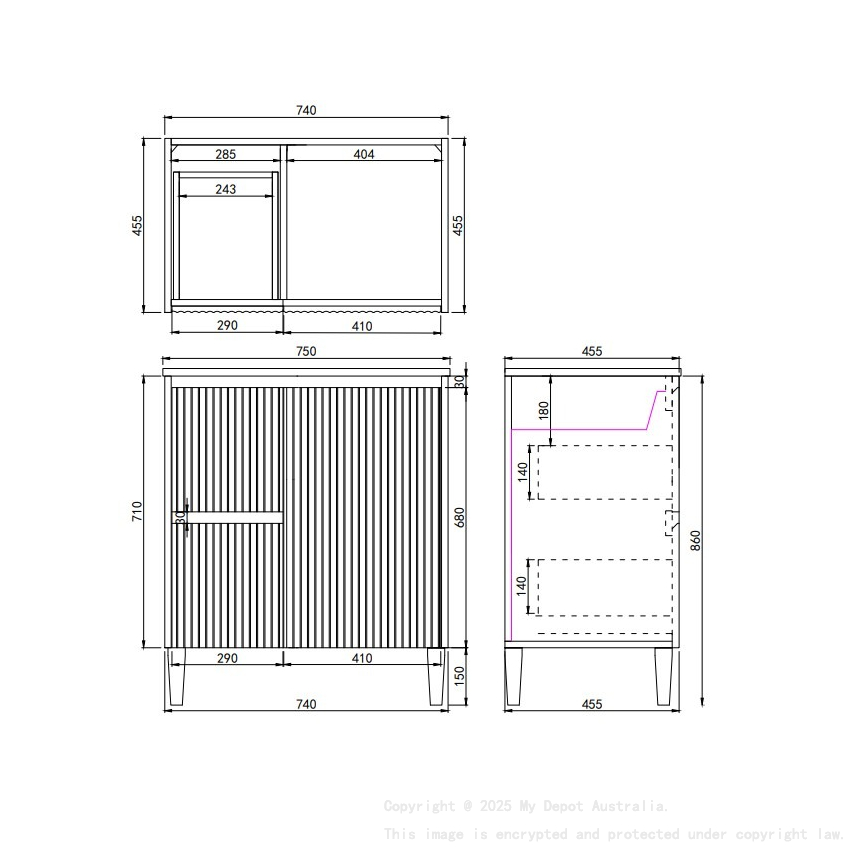 740x455x860mm Matte Black Crete Modern Free Standing Vanity Left Hand Drawers