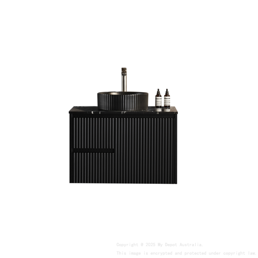 740X455X480mm Matte Black Crete Modern Fluted Wall Hung Vanity PVC Cabinet Left Hand Drawers