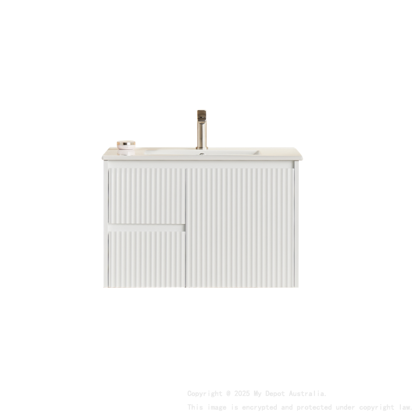 740X455X480mm Matte White Crete Modern Fluted Wall Hung Vanity PVC Cabinet Left Hand Drawers