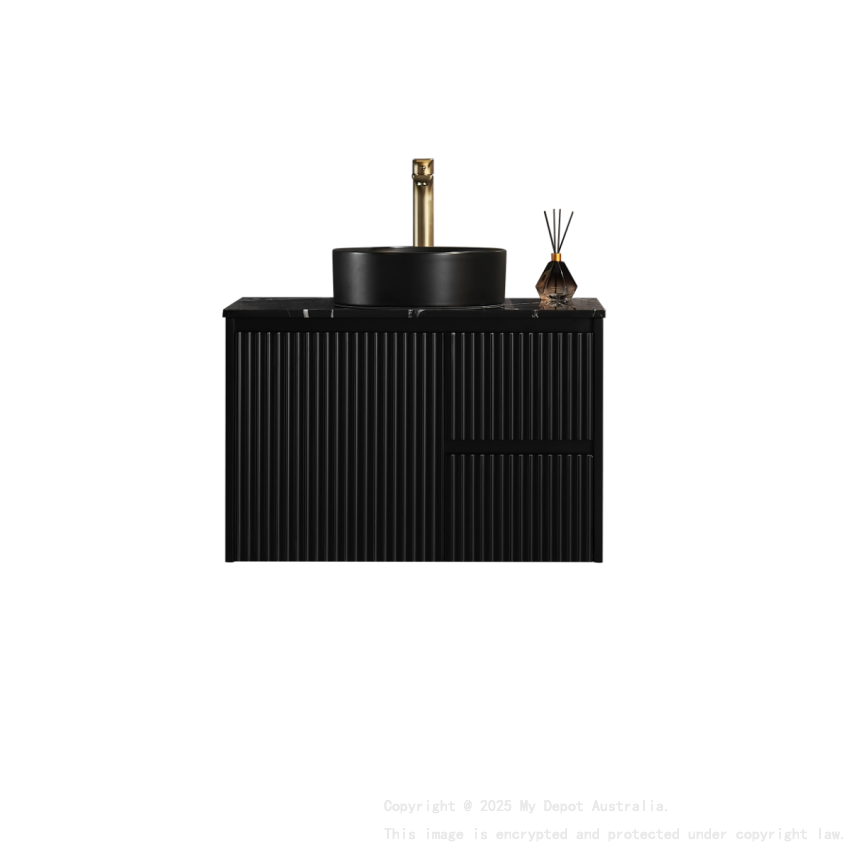 740x455x480mm Matte Black Crete Modern Fluted Wall Hung Vanity PVC Cabinet Right Hand Drawers