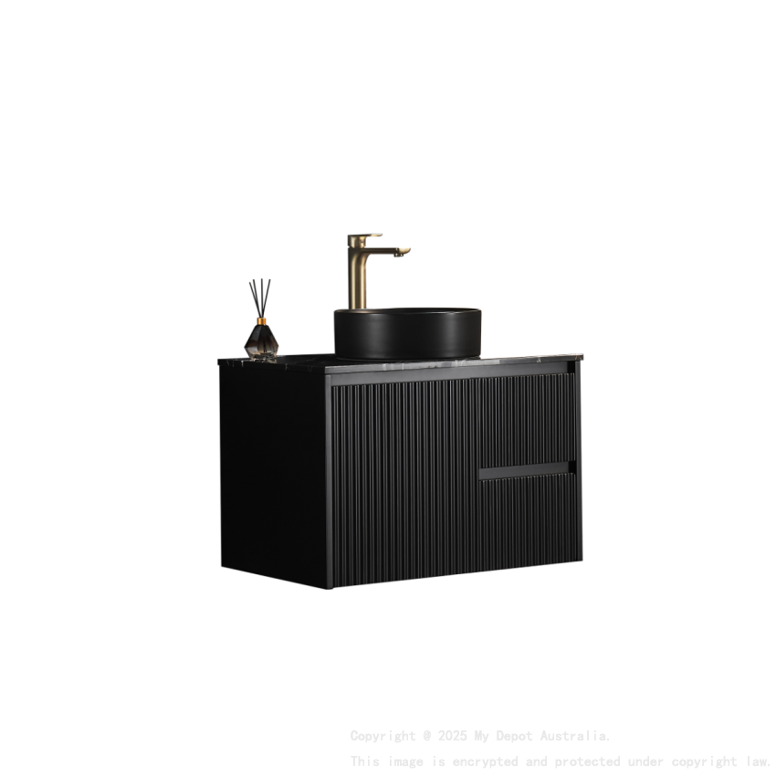 740x455x480mm Matte Black Crete Modern Fluted Wall Hung Vanity PVC Cabinet Right Hand Drawers