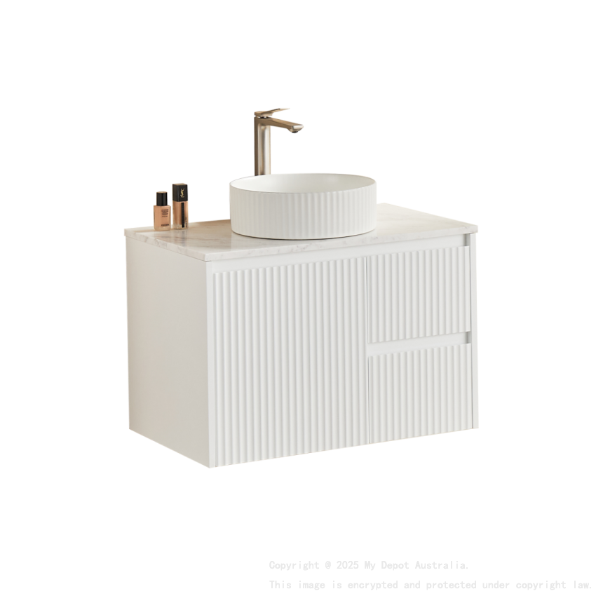 740x455x480mm Matte White Crete Modern Fluted Wall Hung Vanity PVC Cabinet Right Hand Drawers