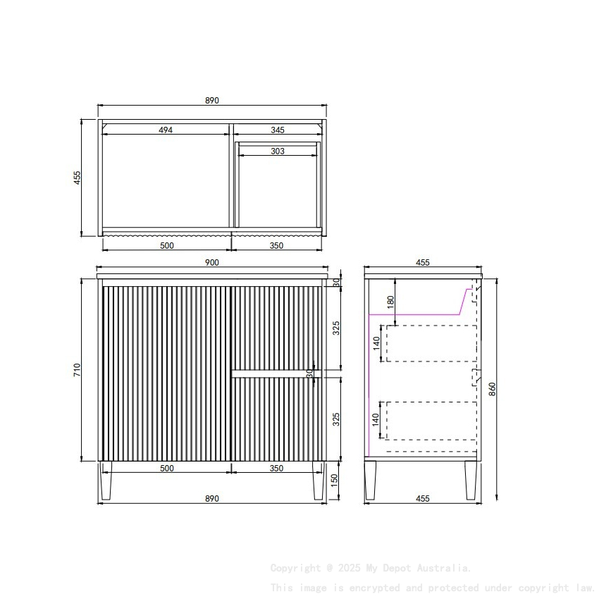 890x455x860mm Matte White Crete Modern Free Standing Vanity Right Hand Drawers