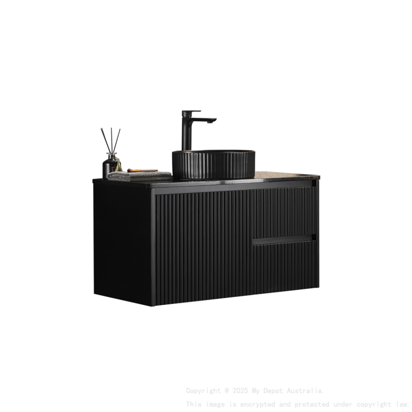890X455X480mm Matte Black Crete Modern Fluted Wall Hung Vanity PVC Cabinet Right Hand Drawers