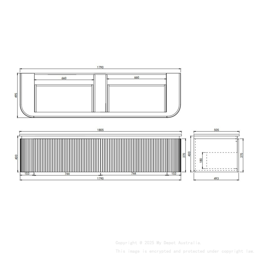 1790x495x400mm Matte Black Estella Modern Wall Hung Vanity PVC Cabinet Two Middle Drawer Plus Two Side Drawers Soft Closing Door And Drawers