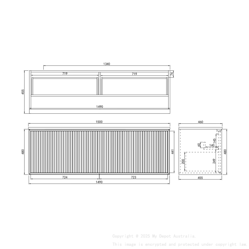 1490X455X480 Matte Black Kliff Modern Fluted Wall Hung Vanity PVC Cabinet