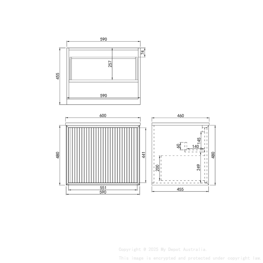 590X455X480mm Matte Black Kliff Modern Fluted Wall Hung Vanity PVC Cabinet