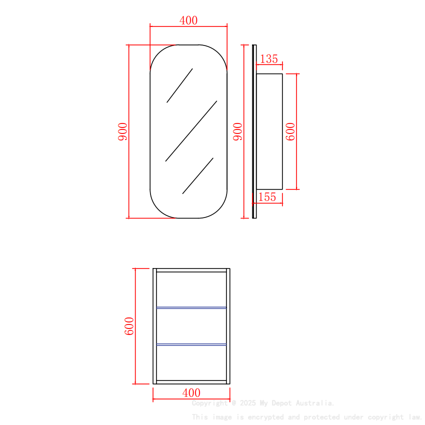 400X900X150mm Matte Black Allison Shaving Cabinet