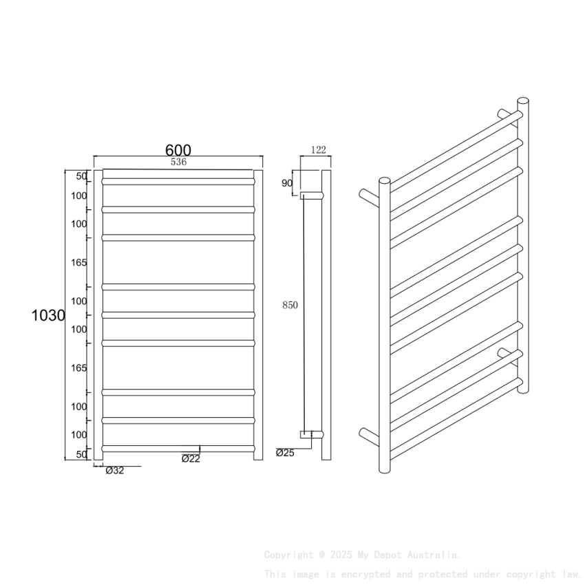 Stainless Steel Round Matte Black Electric Heated Towel Rack 9 Bars