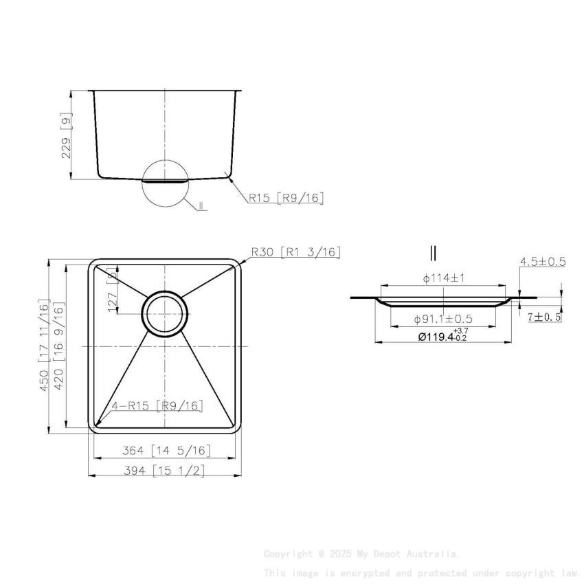 394*450*229mm Otus Undermount Single Bowl Sink