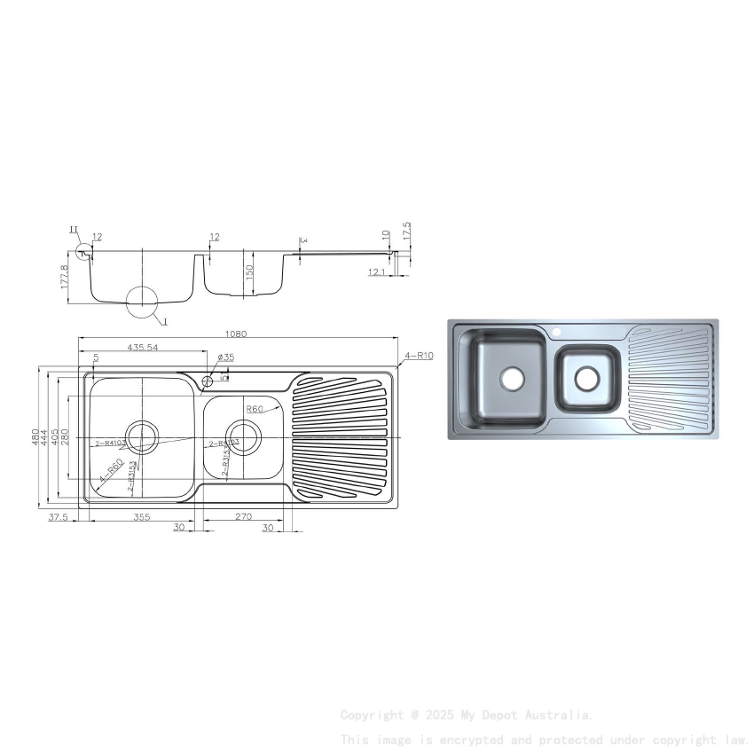 Otus 1 & 3/4 Bowl & Drainer Sink 1080 x 480 x178mm