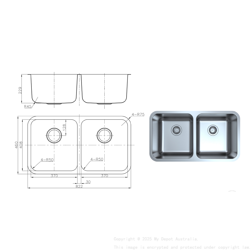 Otus Double Bowl Undermount Sink 822 x 460 x 230mm