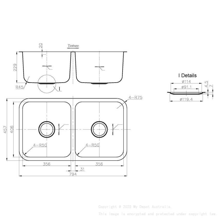 794*457*229mm Otus Double Bowl Undermount Sink