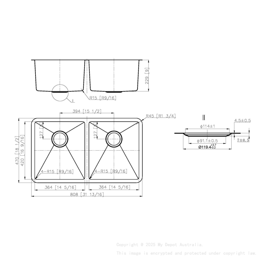 808*470*229mm Otus Double Bowl Undermount Sink