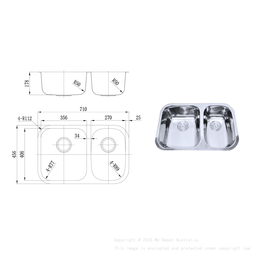 Otus 1 & 1/2 Bowl Undermount 710 x 456 x 178mm