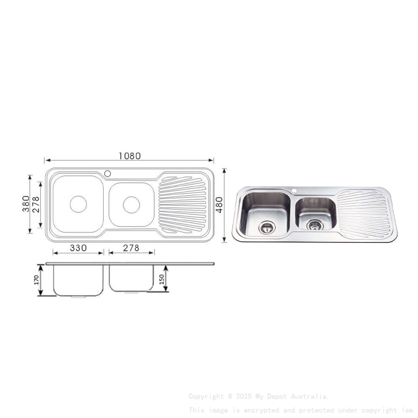 Cora 1 & 3/4 Bowl & Single Drainer 1080 x 480 x 170mm