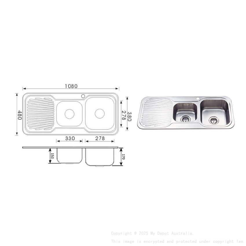 Cora 1 & 3/4 Bowl & Single Drainer 1080 x 480 x 170mm