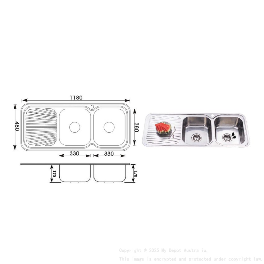Cora Double Bowl & Single Drainer 1180 x 480 x 170mm