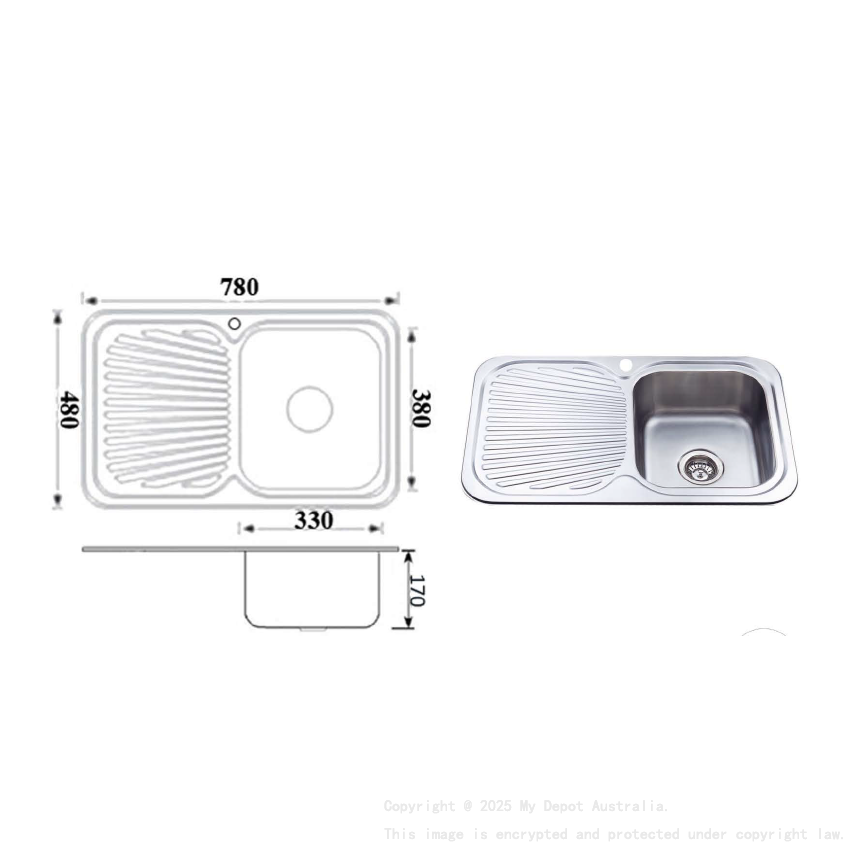 Cora Single Bowl & Single Drainer 780 x 480 x 170mm