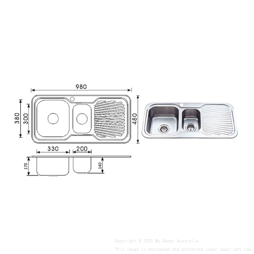 Cora 1 & 1/4 Bowl & Single Drainer 980 x 480 x 170mm