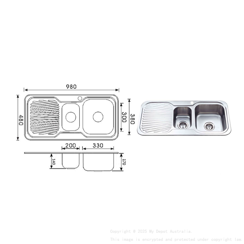 Cora 1 & 1/4 Bowl & Single Drainer 980 x 480 x 170mm