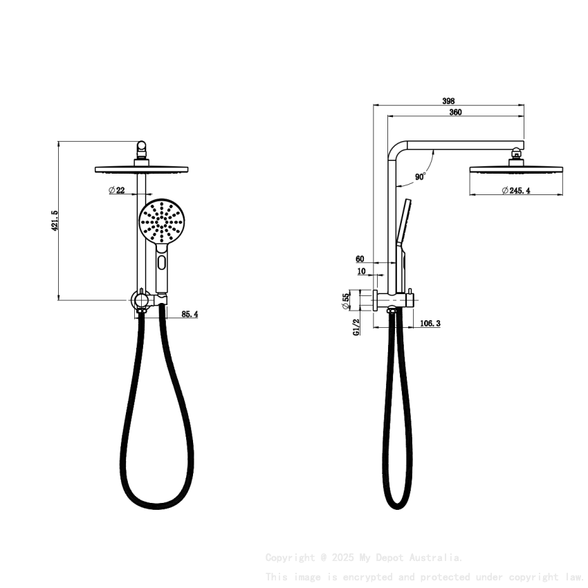 New Regal Round Mini Multi-function Shower Set Matt Black, 250mm Plastic Shower Head