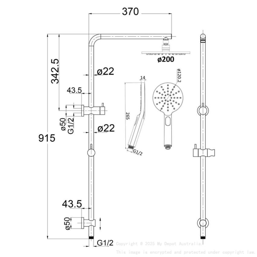 Cora Round Multi-function Shower Set Brushed Gold, 200mm Plastic Shower Head